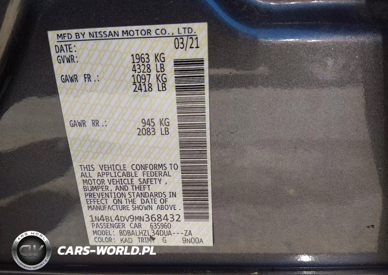 2021 Nissan Altima Sv Fwd VIN:1N4BL4DV9MN368432 - 9