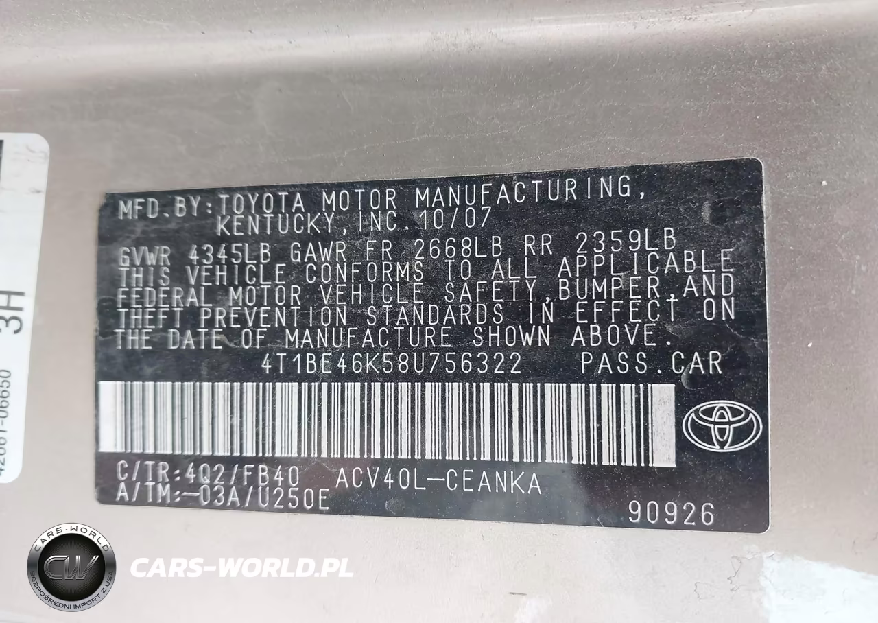 2008 Toyota Camry Le VIN:4T1BE46K58U756322 - 9