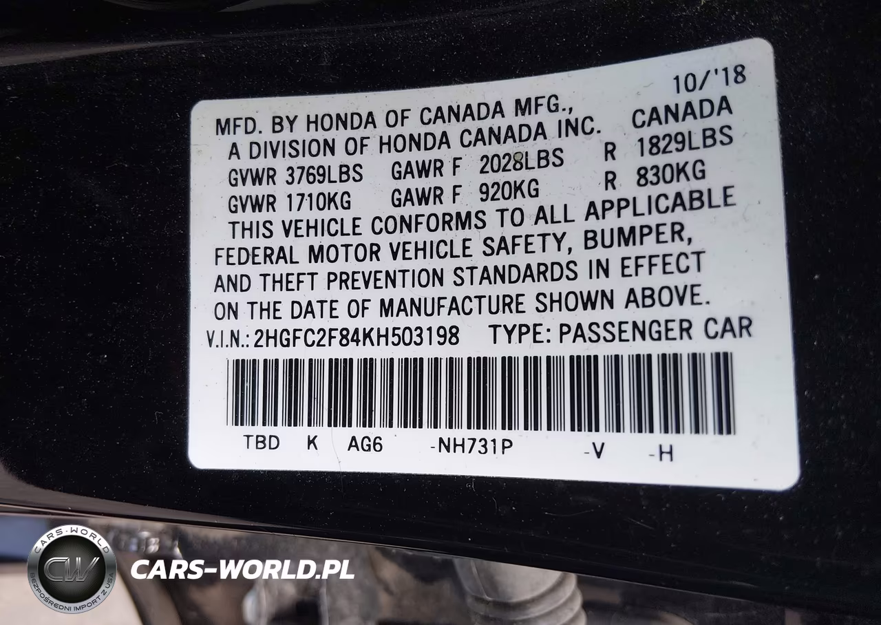 2019 Honda Civic Sport VIN:2HGFC2F84KH503198 - 9