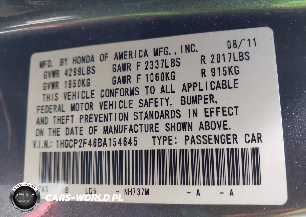 2011 Honda Accord 2.4 Lx-P VIN:1HGCP2F46BA154645 - 9