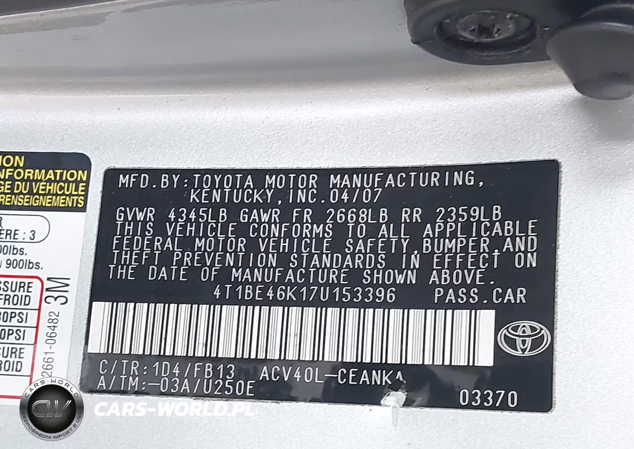 2007 Toyota Camry Le VIN:4T1BE46K17U153396 - 9