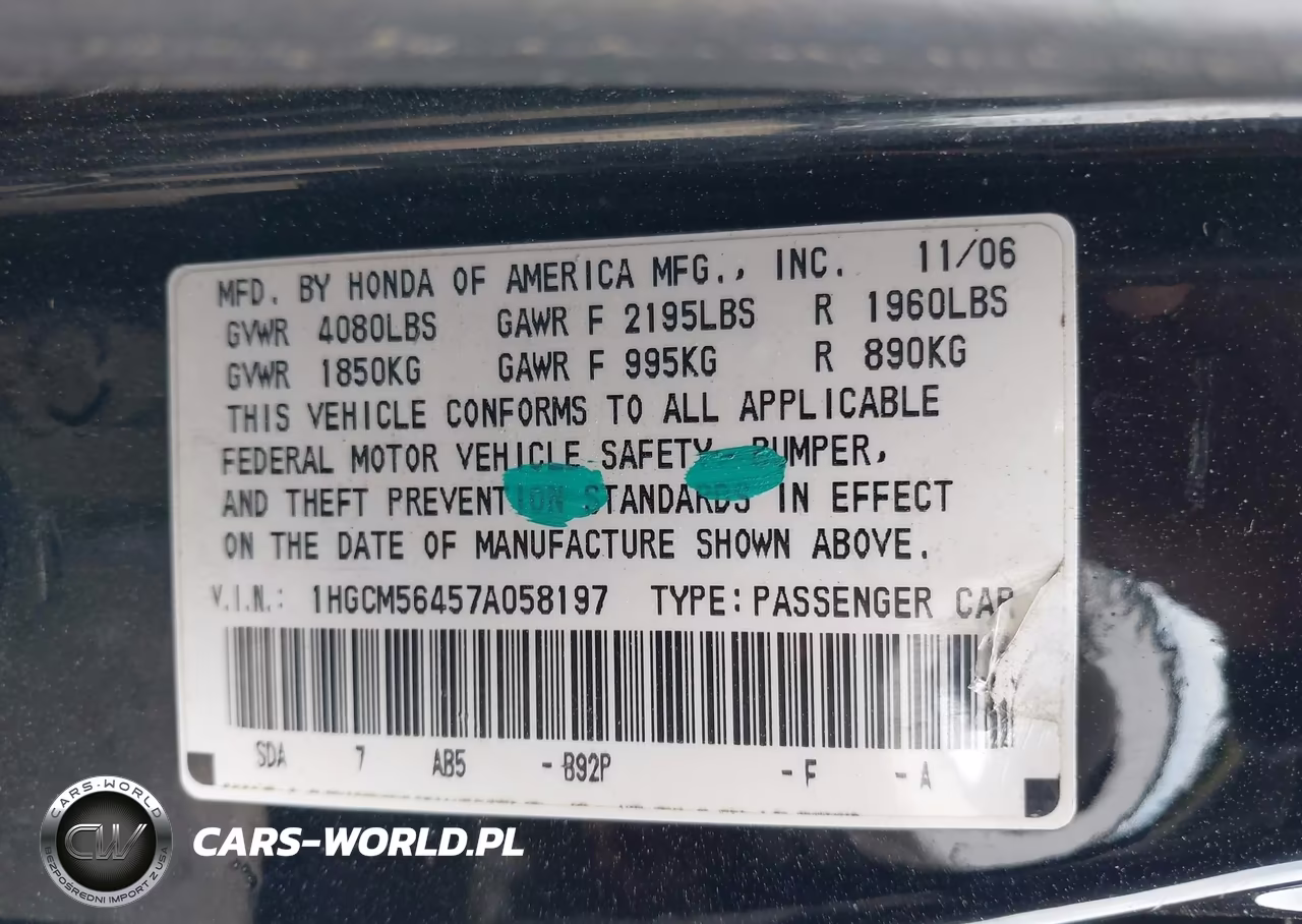 2007 Honda Accord 2.4 Lx VIN:1HGCM56457A058197 - 9