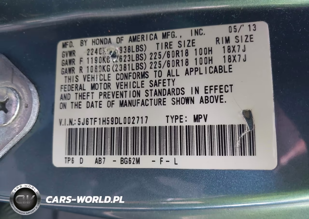 2013 Honda Crosstour Ex-L V6 VIN:5J6TF1H59DL002717 - 9