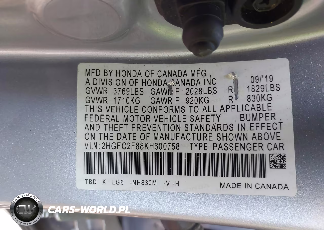 2019 Honda Civic Sport VIN:2HGFC2F88KH600758 - 9