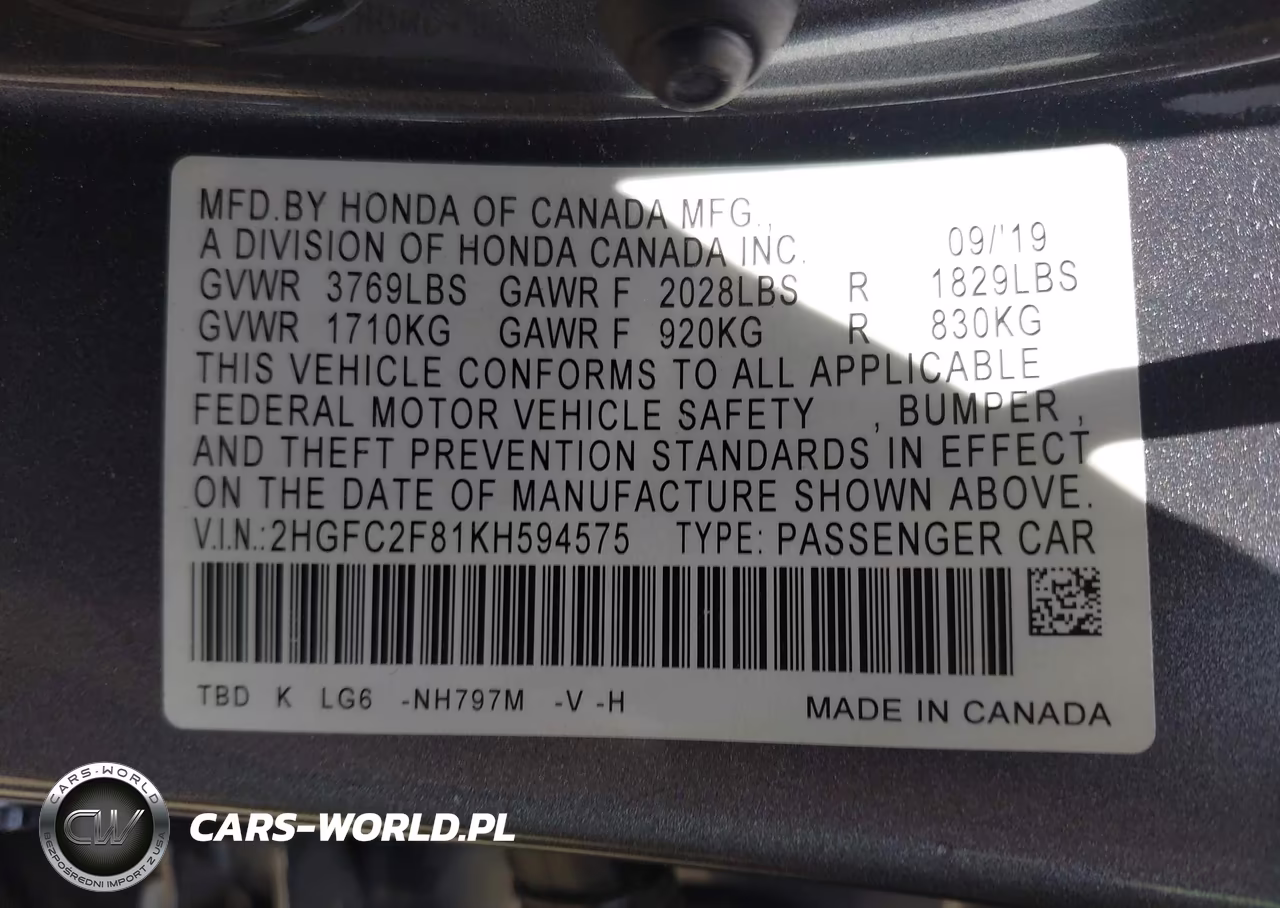 2019 Honda Civic Sport VIN:2HGFC2F81KH594575 - 9