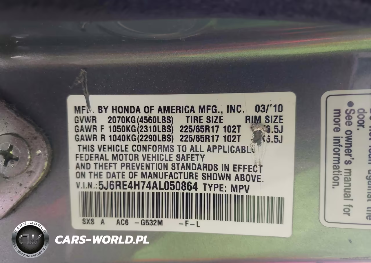 2010 Honda Cr-V Ex-L VIN:5J6RE4H74AL050864 - 9