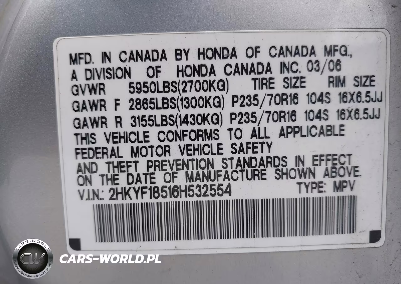 2006 Honda Pilot Ex-L VIN:2HKYF18516H532554 - 9