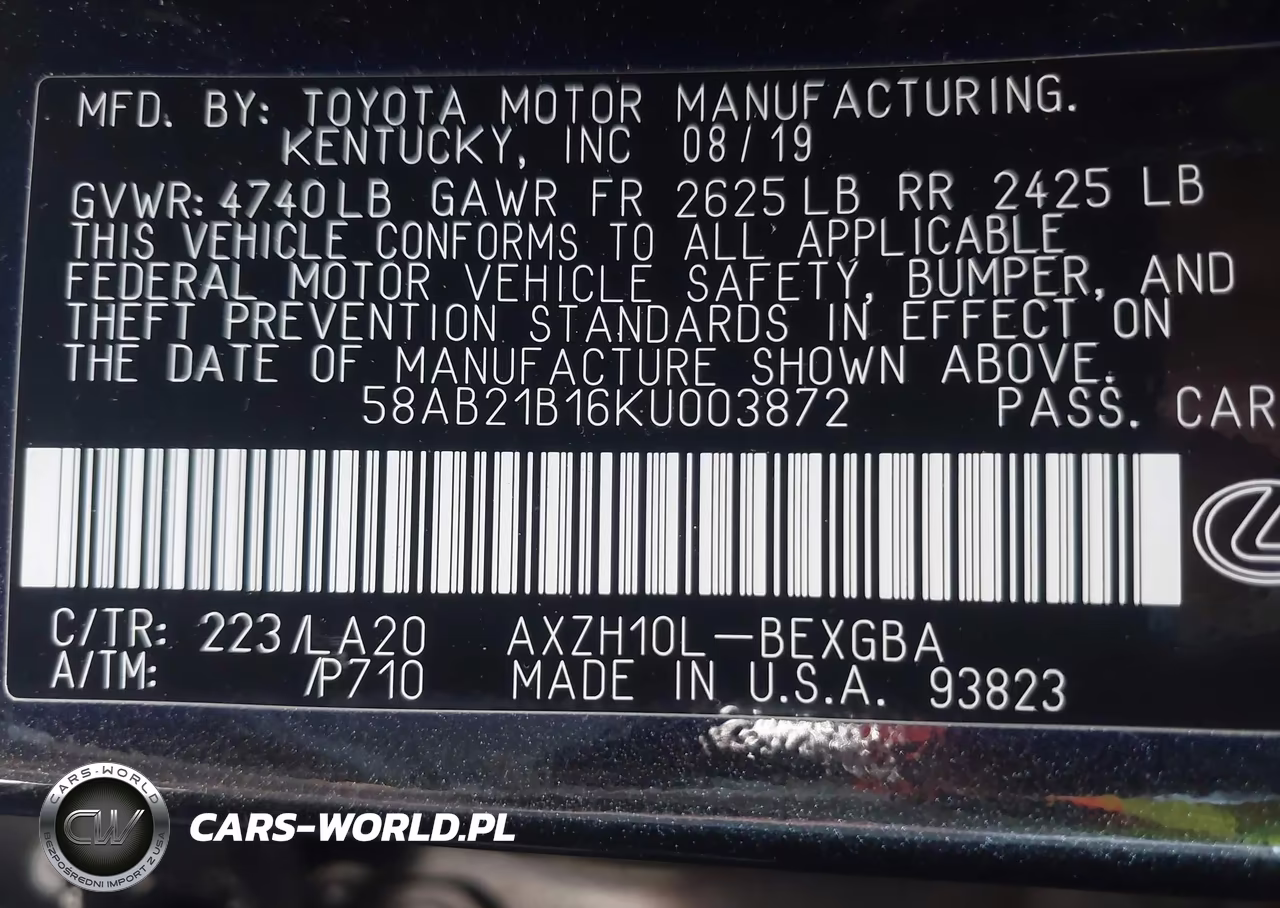 2019 Lexus Es 300H VIN:58AB21B16KU003872 - 9