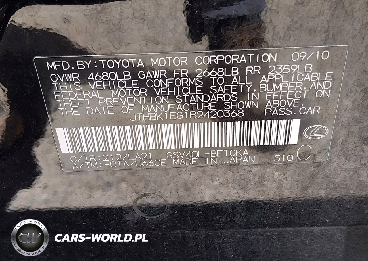 2011 Lexus Es 350 VIN:JTHBK1EG1B2420368 - 9