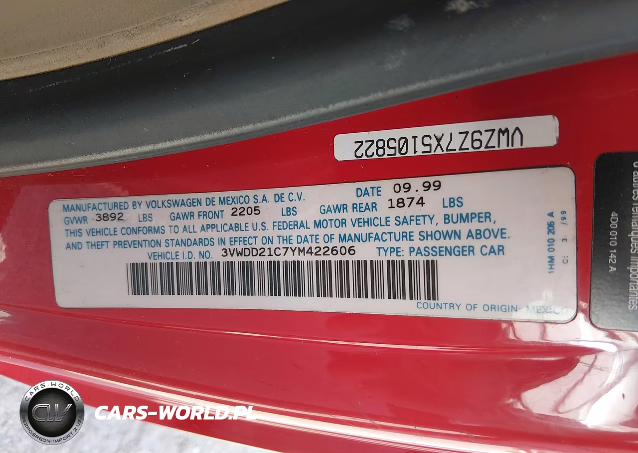 2000 Volkswagen New Beetle Glx VIN:3VWDD21C7YM422606 - 9