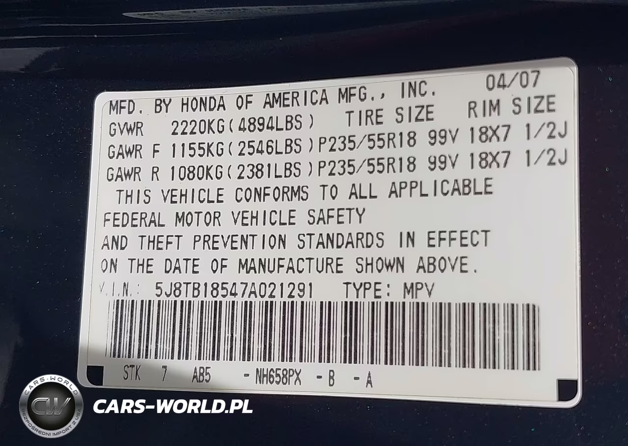 2007 Acura Rdx VIN:5J8TB18547A021291 - 9