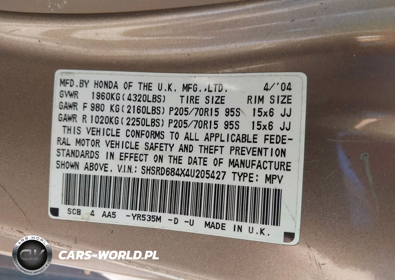 2004 Honda Cr-V Lx VIN:SHSRD684X4U205427 - 9