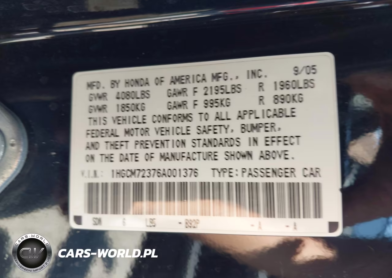 2006 Honda Accord 2.4 Lx VIN:1HGCM72376A001376 - 9