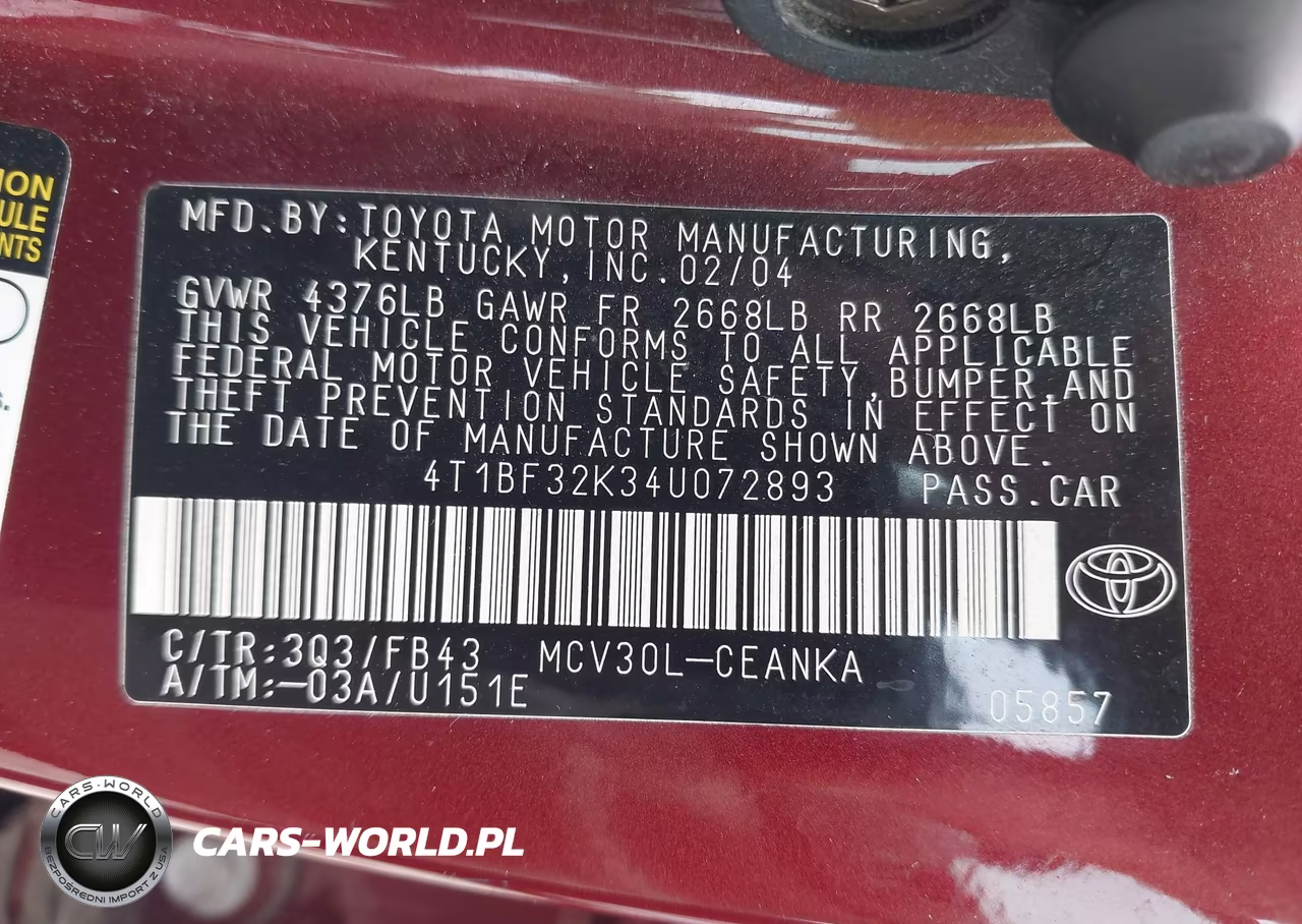 2004 Toyota Camry Le V6 VIN:4T1BF32K34U072893 - 9