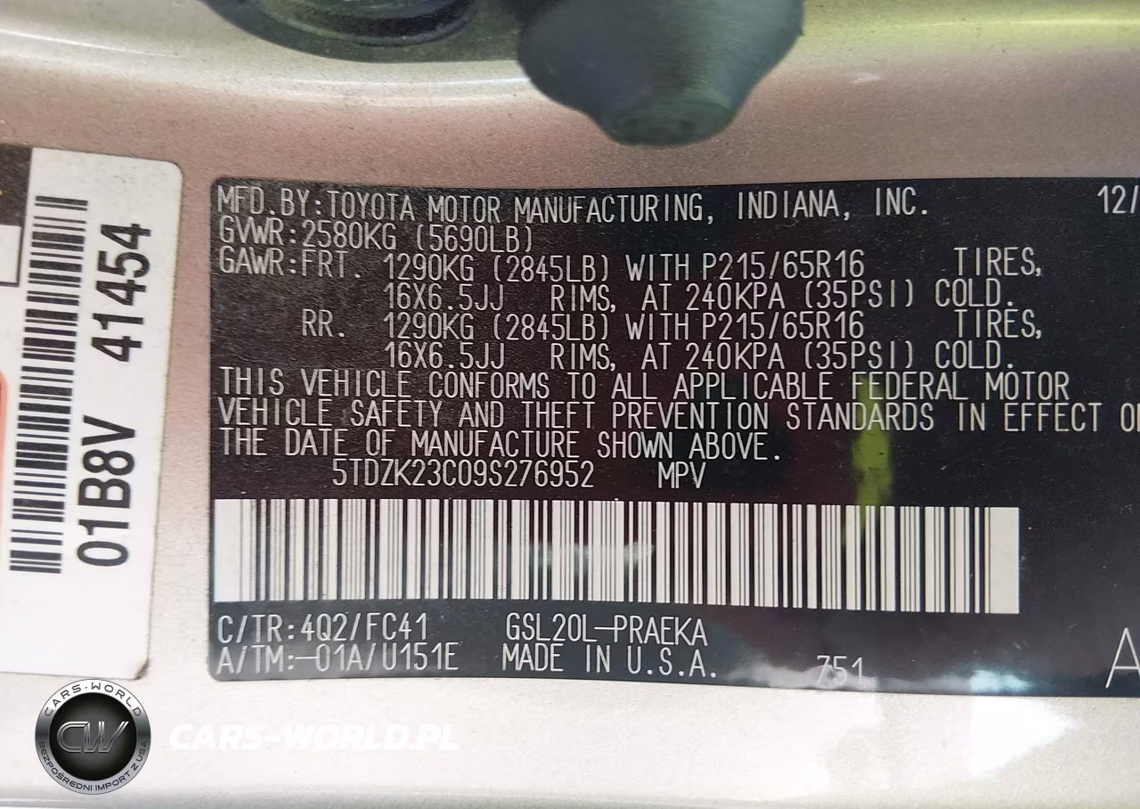 2009 Toyota Sienna Le VIN:5TDZK23C09S276952 - 9