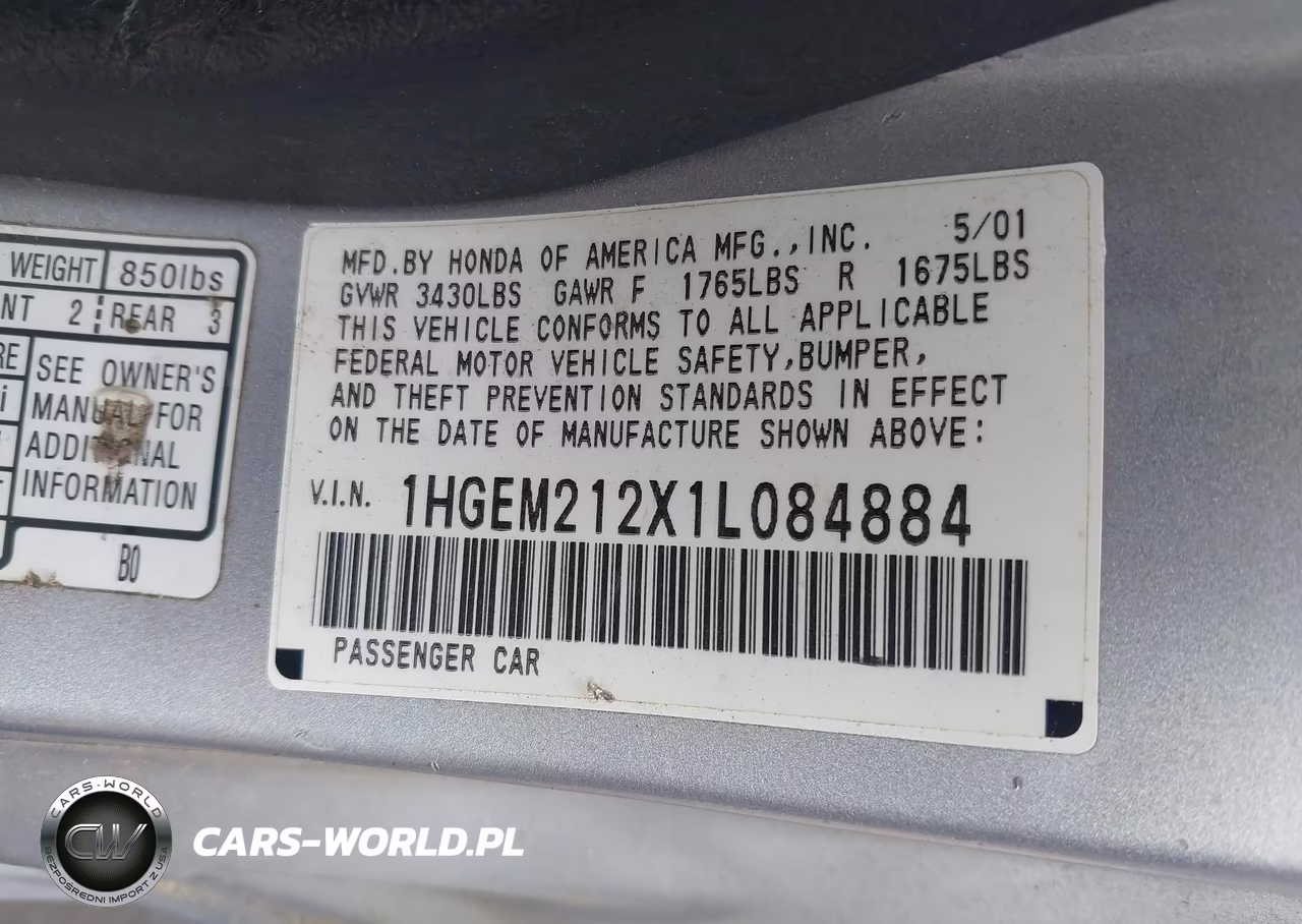 2001 Honda Civic Dx VIN:1HGEM212X1L084884 - 9
