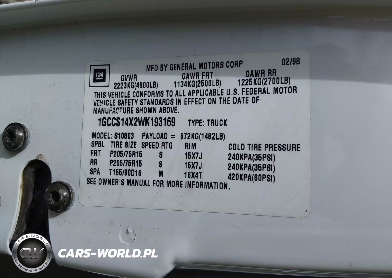 1998 Chevrolet S-10 Fleetside VIN:1GCCS14X2WK193169 - 9