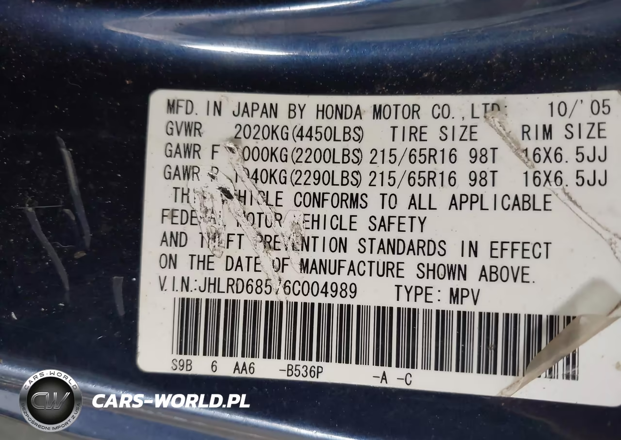 2006 Honda Cr-V Lx VIN:JHLRD68576C004989 - 9