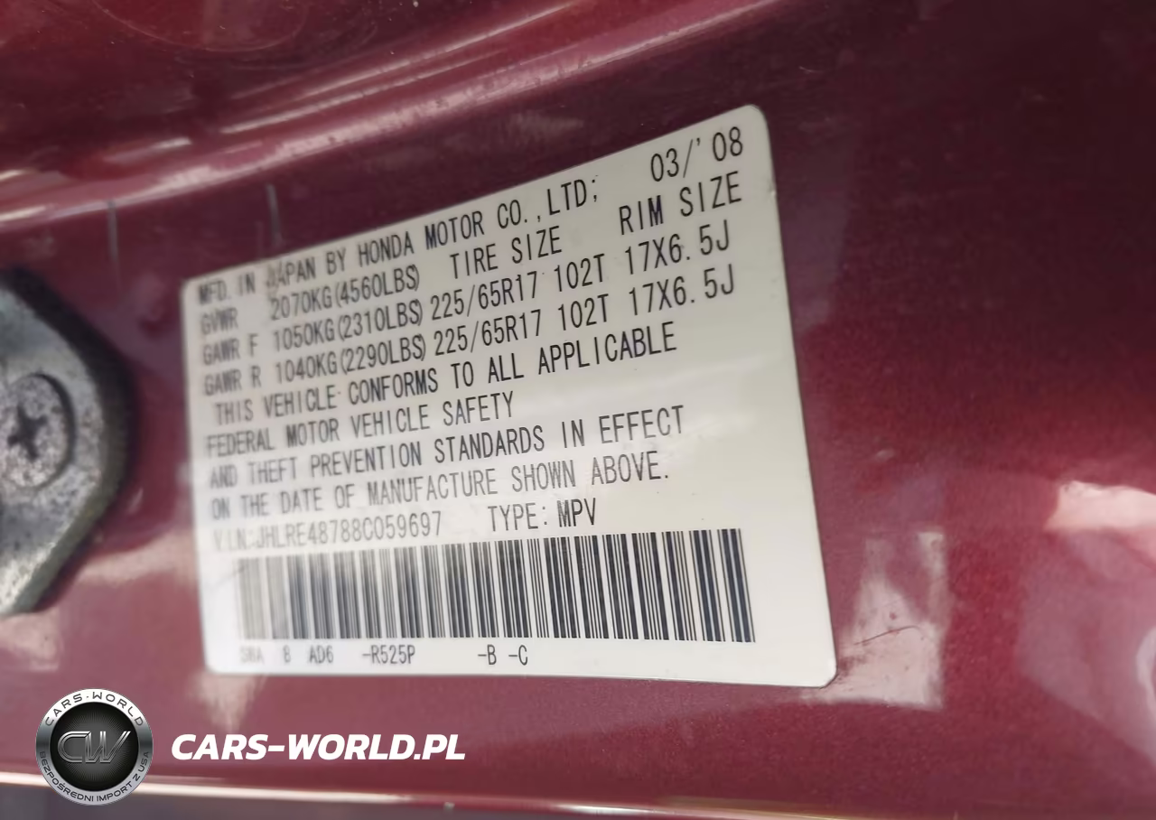 2008 Honda Cr-V Ex-L VIN:JHLRE48788C059697 - 9