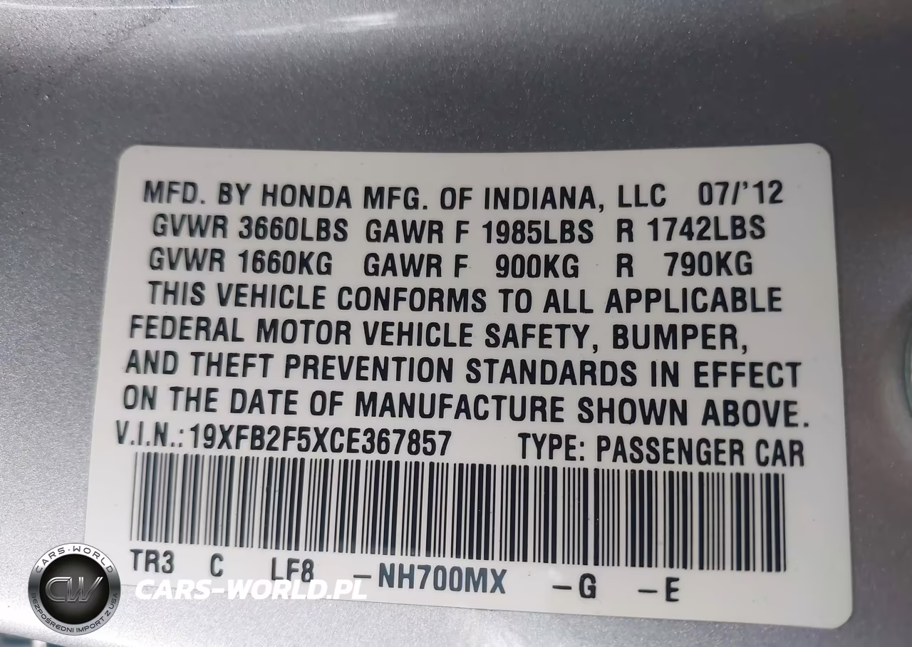 2012 Honda Civic Lx VIN:19XFB2F5XCE367857 - 9