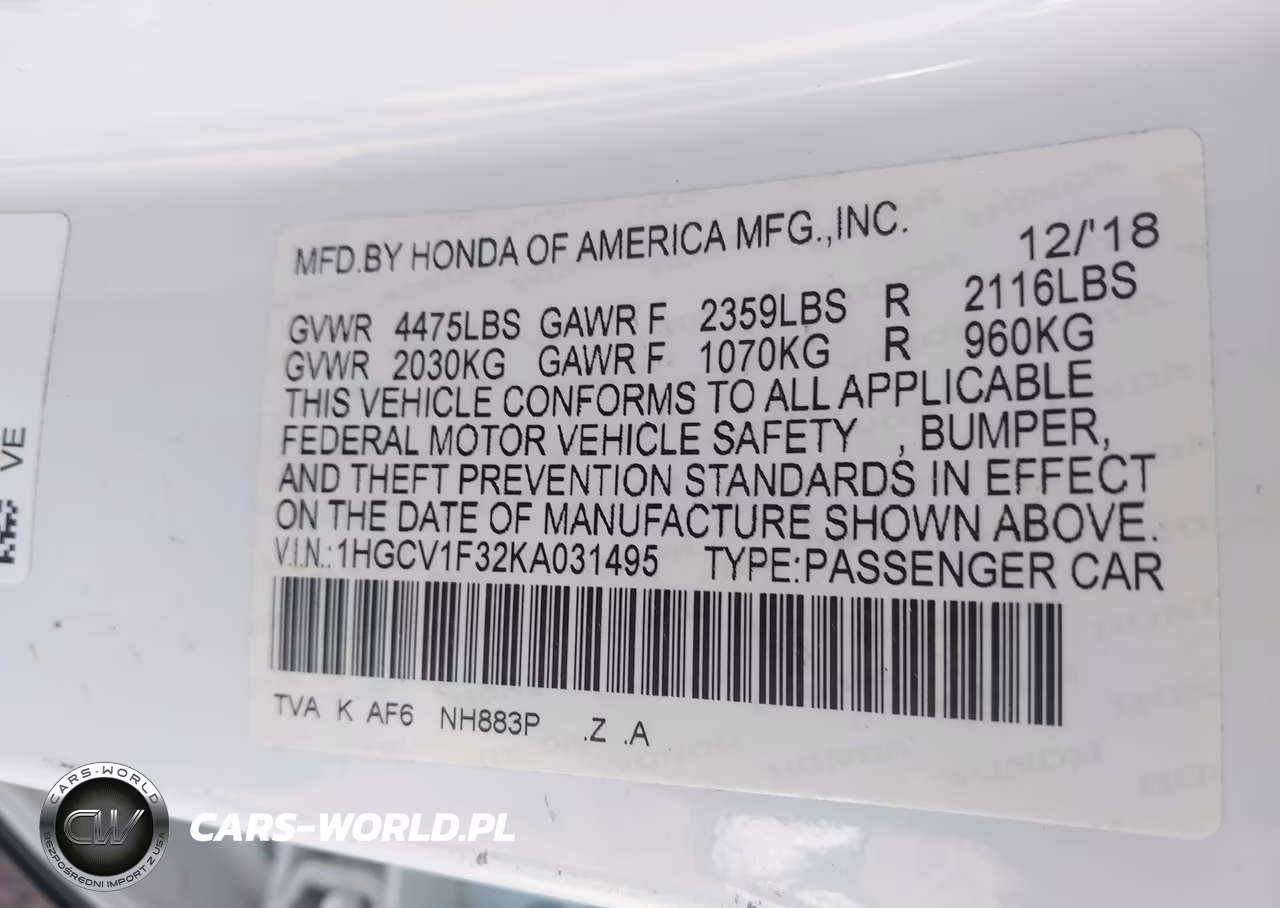2019 Honda Accord Sport VIN:1HGCV1F32KA031495 - 9