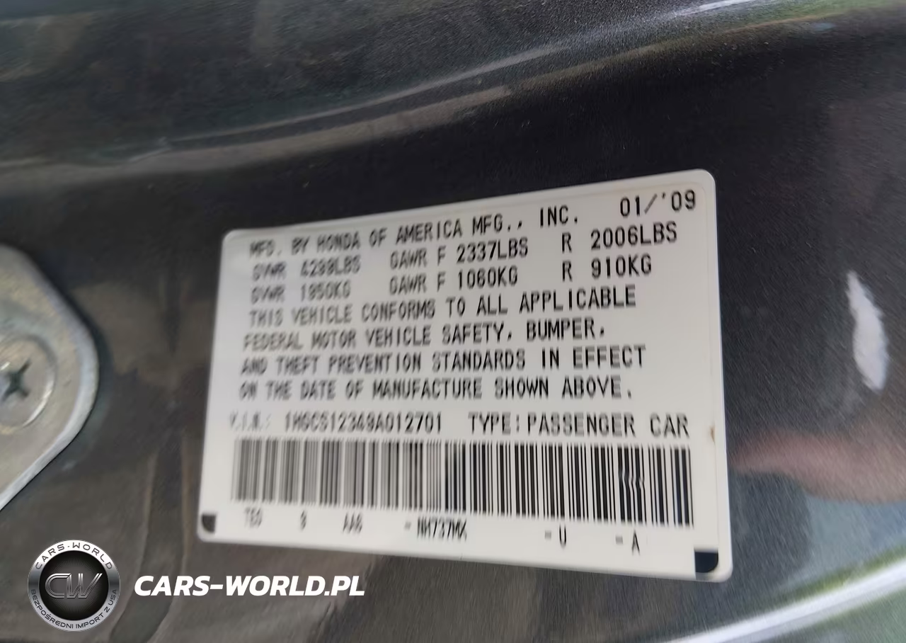 2009 Honda Accord 2.4 Lx-S VIN:1HGCS12349A012701 - 9