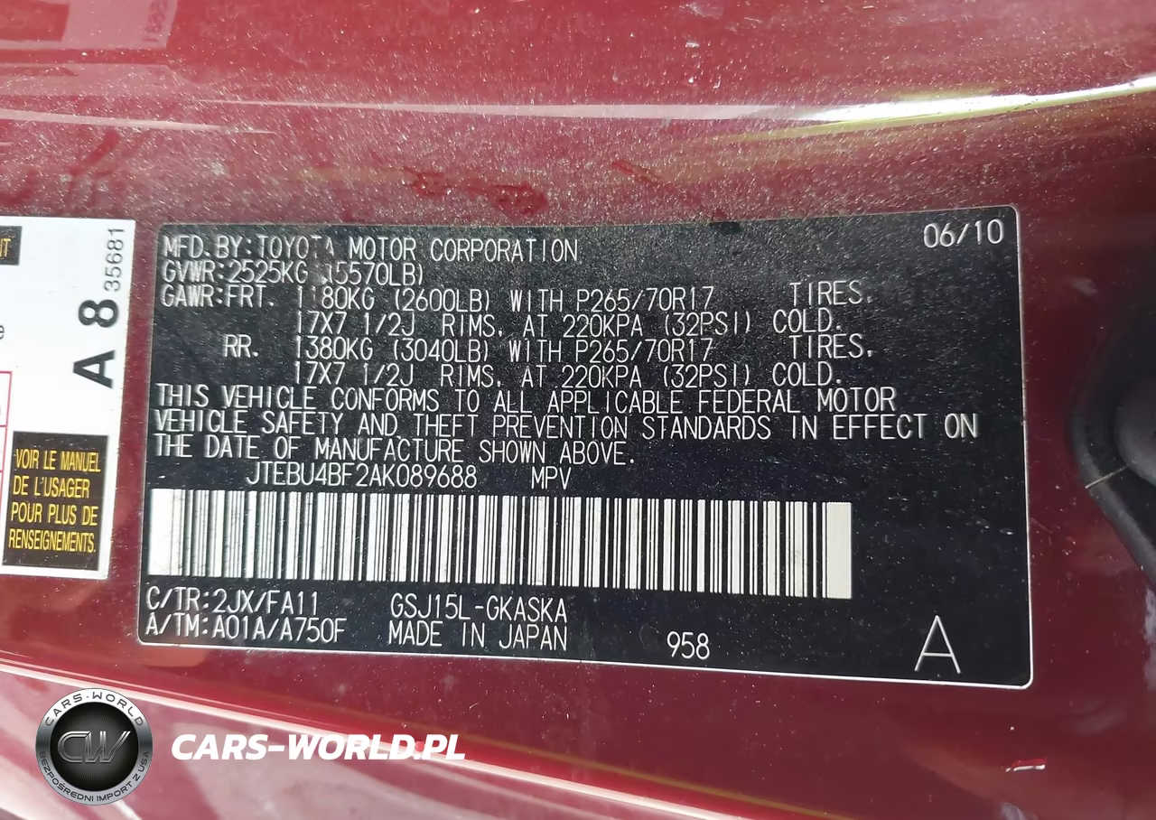 2010 Toyota Fj Cruiser VIN:JTEBU4BF2AK089688 - 9