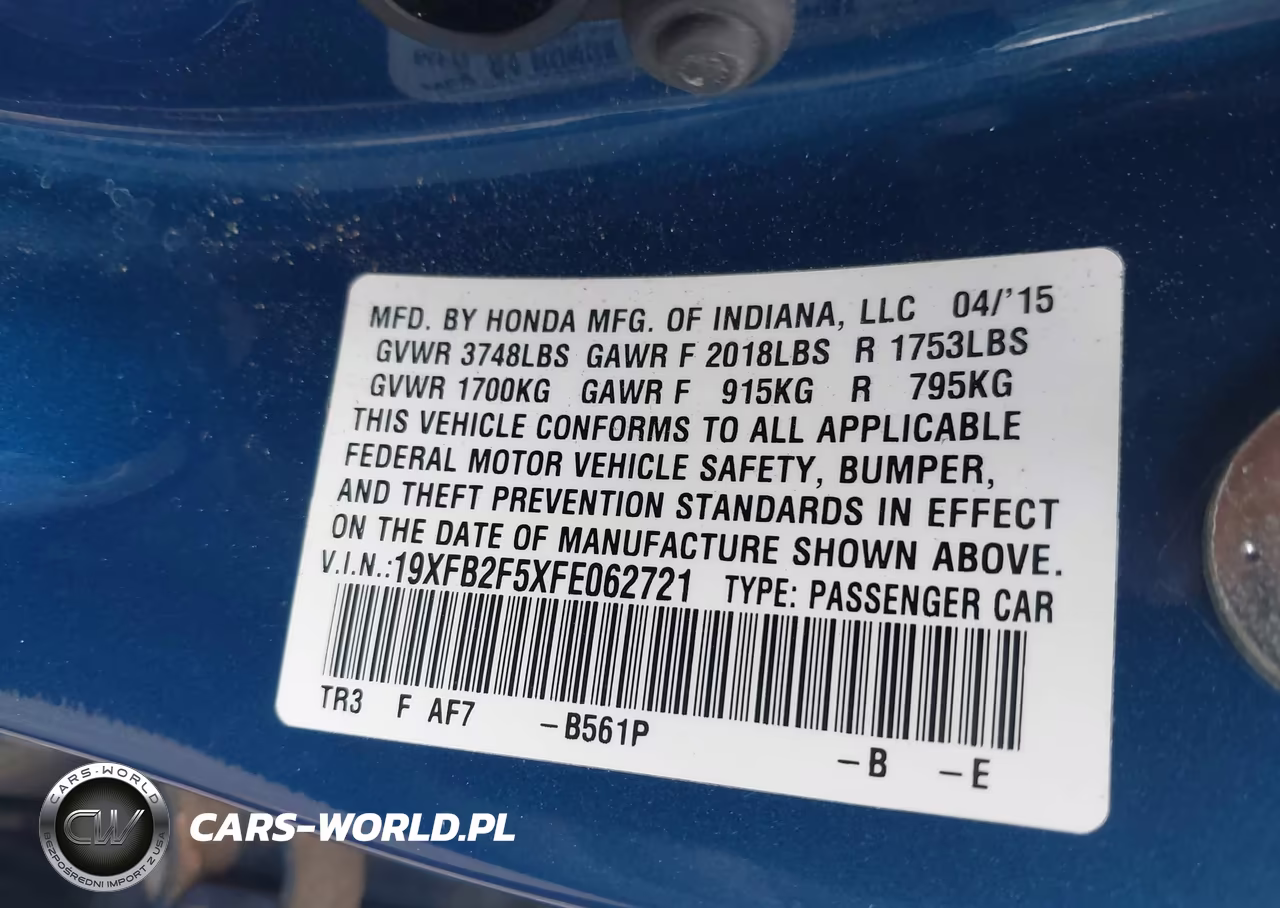 2015 Honda Civic Lx VIN:19XFB2F5XFE062721 - 9