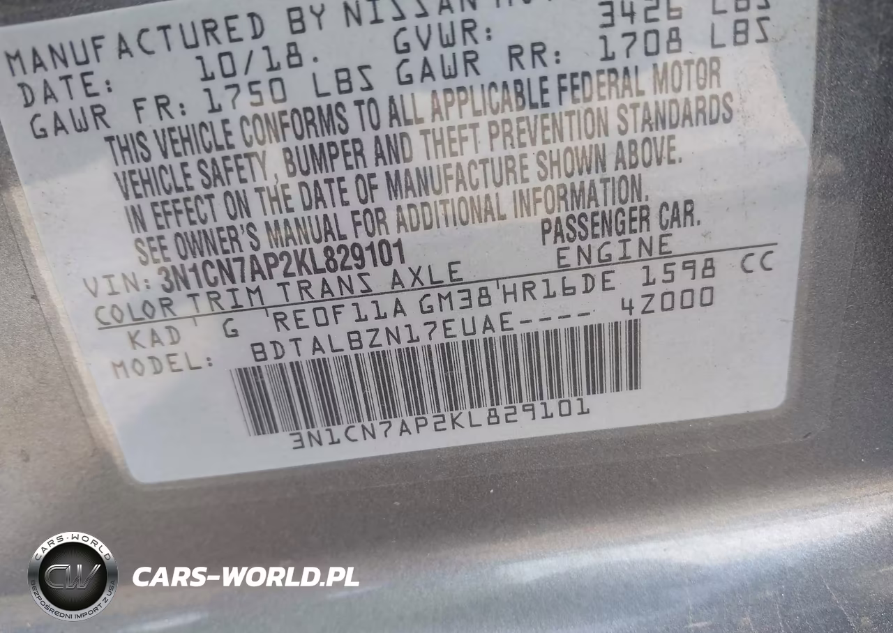 2019 Nissan Versa 1.6 Sv VIN:3N1CN7AP2KL829101 - 9