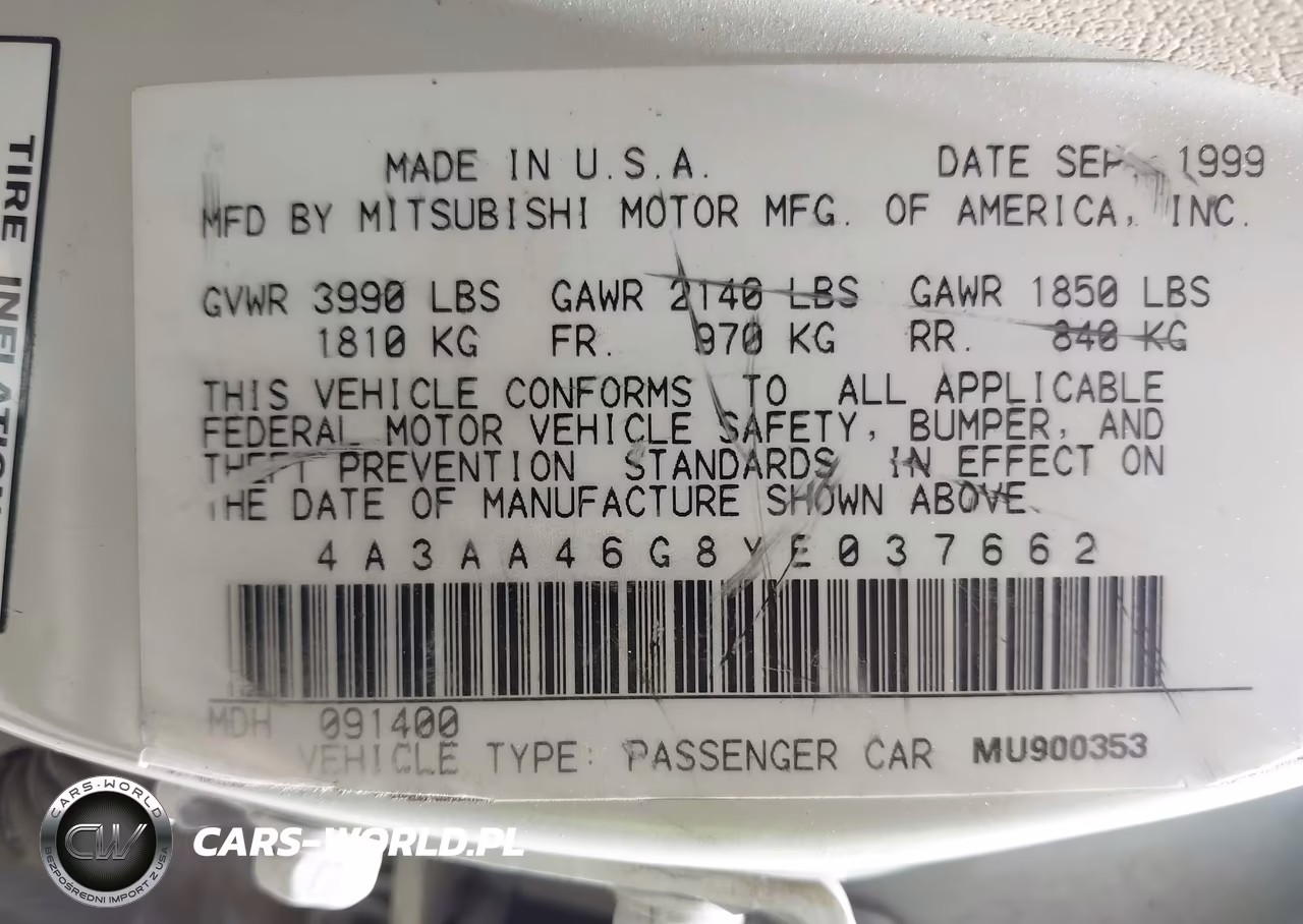 2000 Mitsubishi Galant Es VIN:4A3AA46G8YE037662 - 9