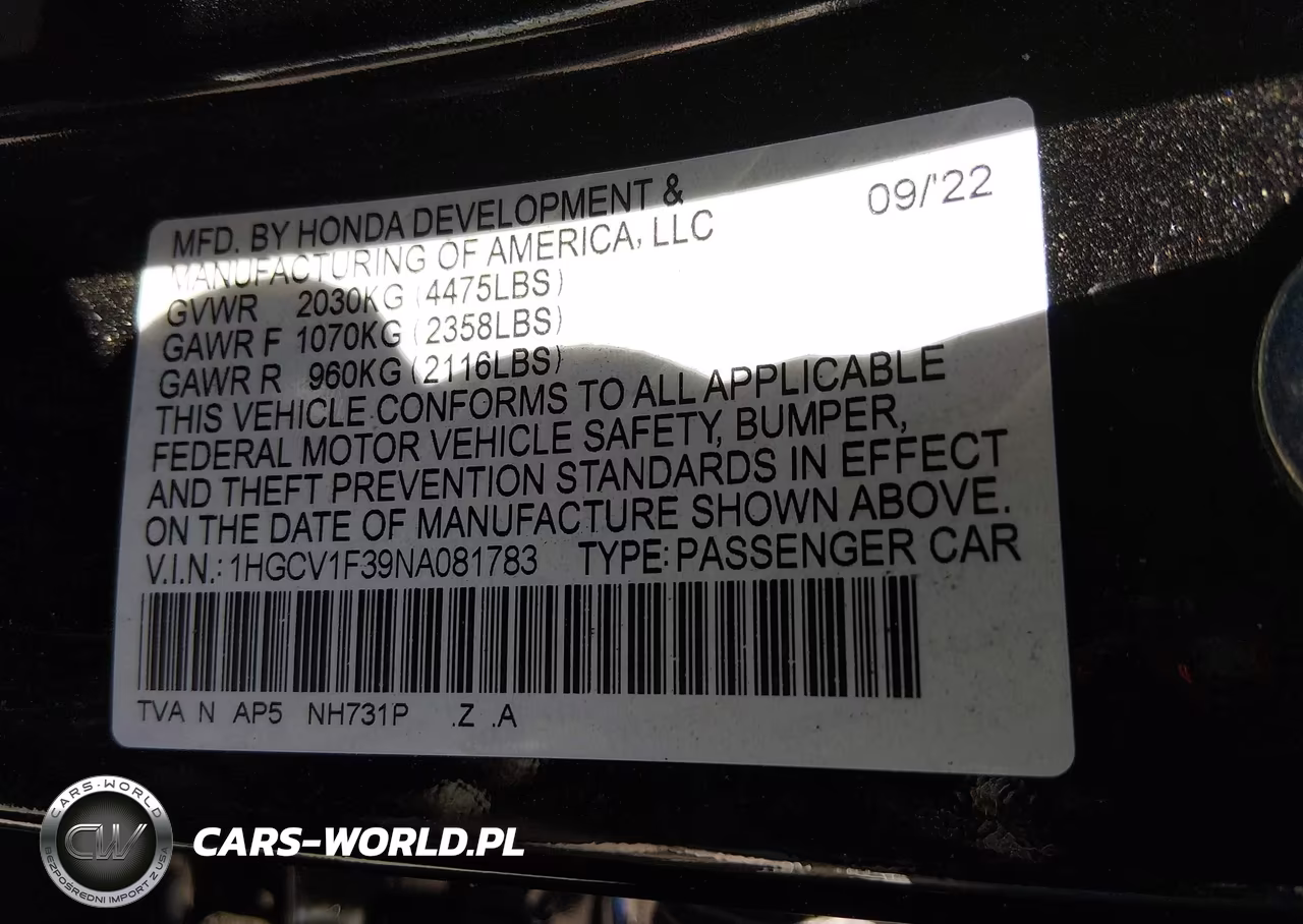 2022 Honda Accord Sport VIN:1HGCV1F39NA081783 - 9