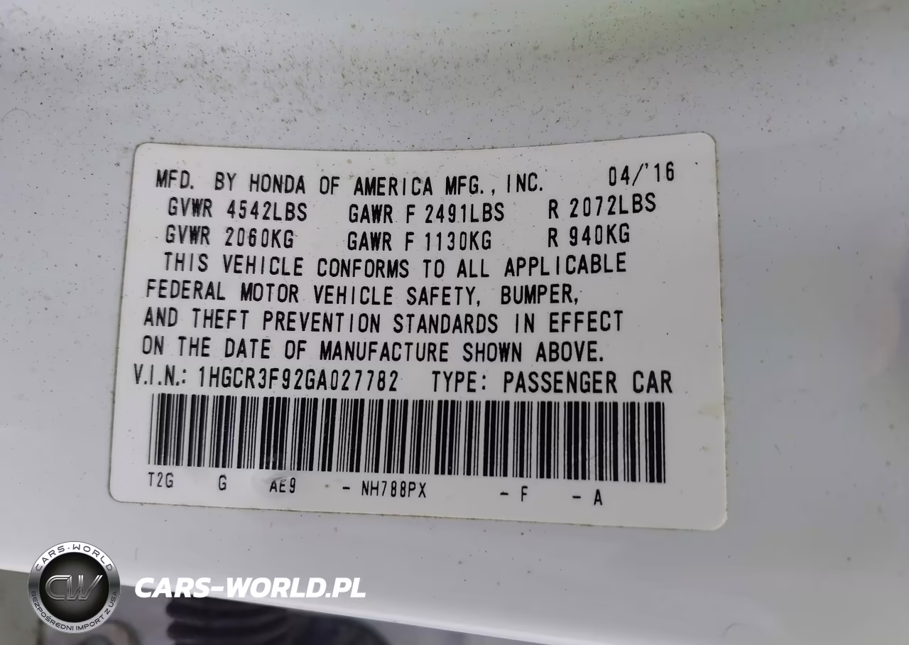 2016 Honda Accord Touring VIN:1HGCR3F92GA027782 - 9
