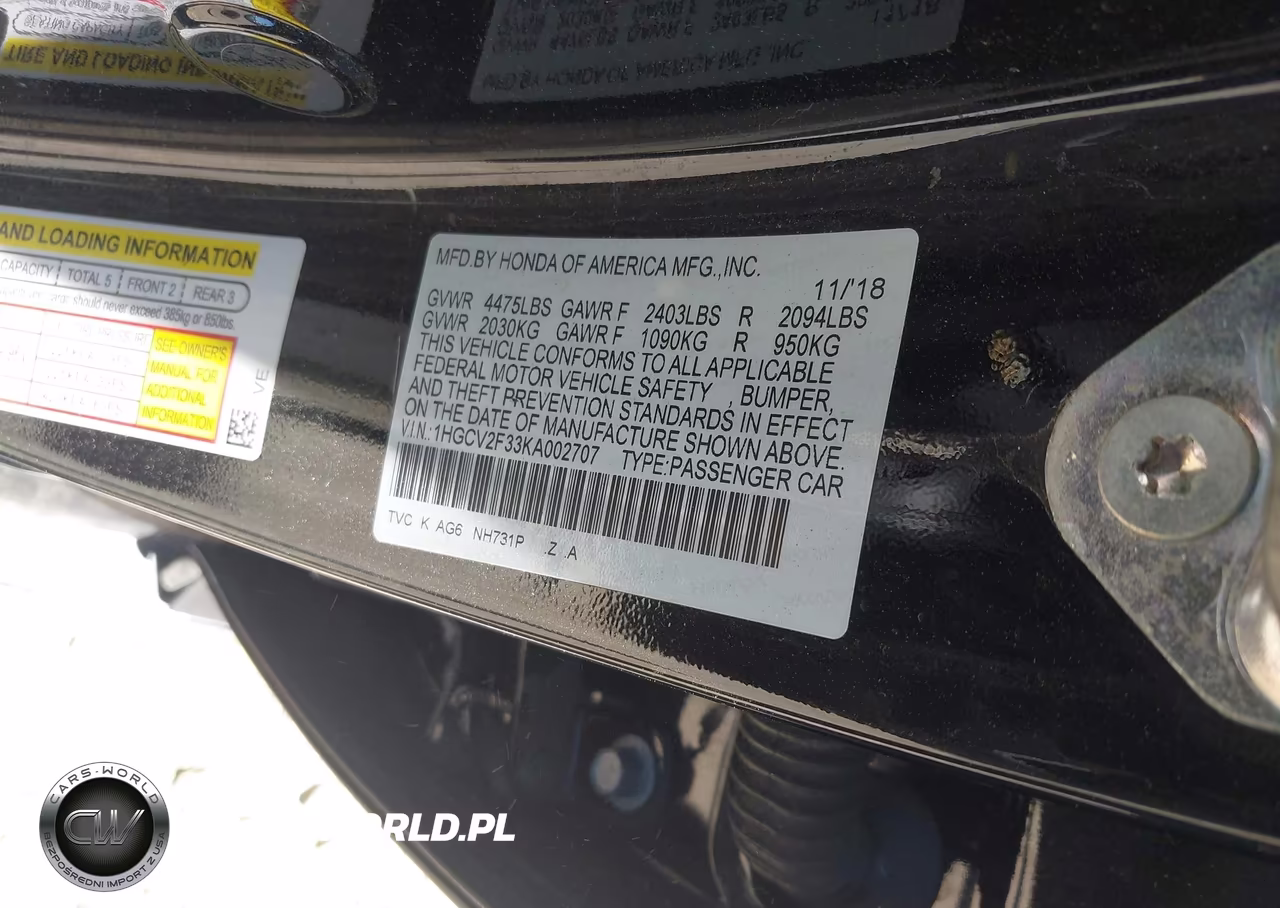 2019 Honda Accord Sport 2.0T VIN:1HGCV2F33KA002707 - 9