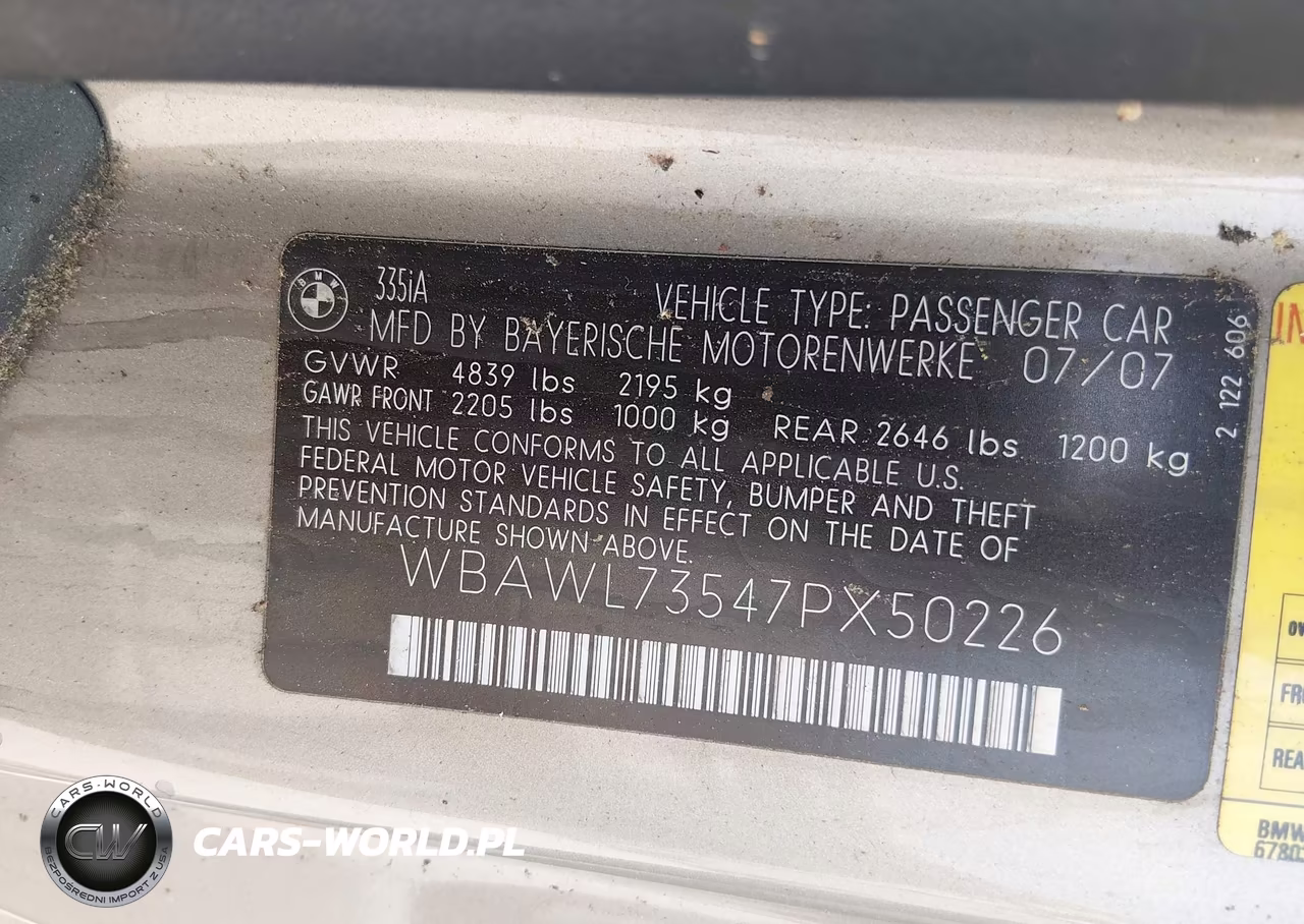 2007 BMW 335I VIN:WBAWL73547PX50226 - 9
