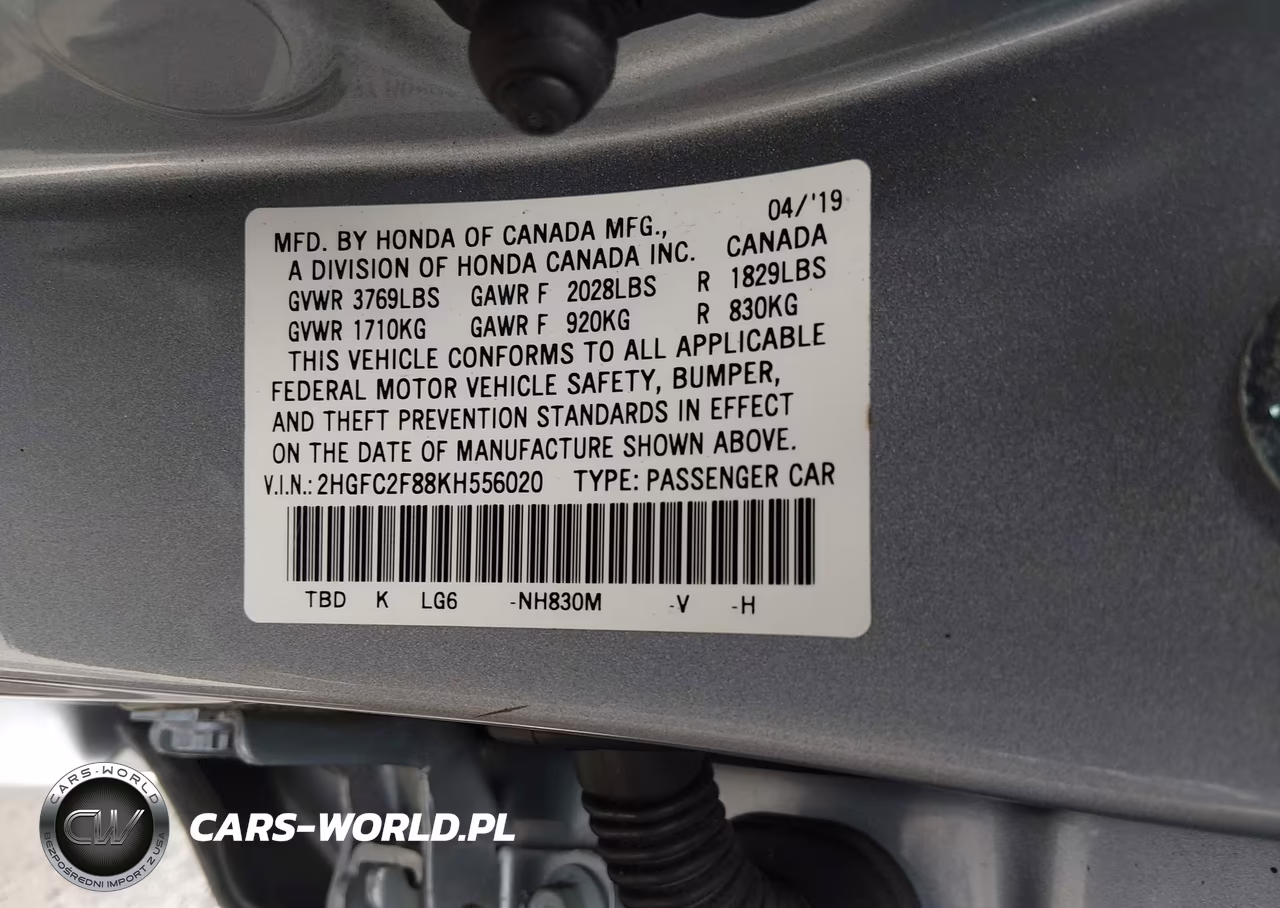 2019 Honda Civic Sport VIN:2HGFC2F88KH556020 - 9
