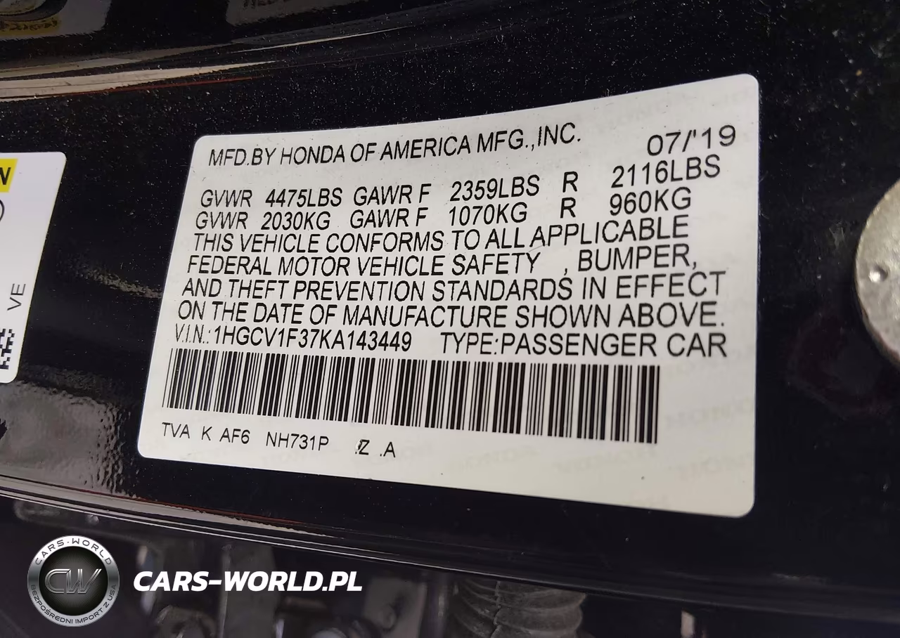 2019 Honda Accord Sport VIN:1HGCV1F37KA143449 - 9