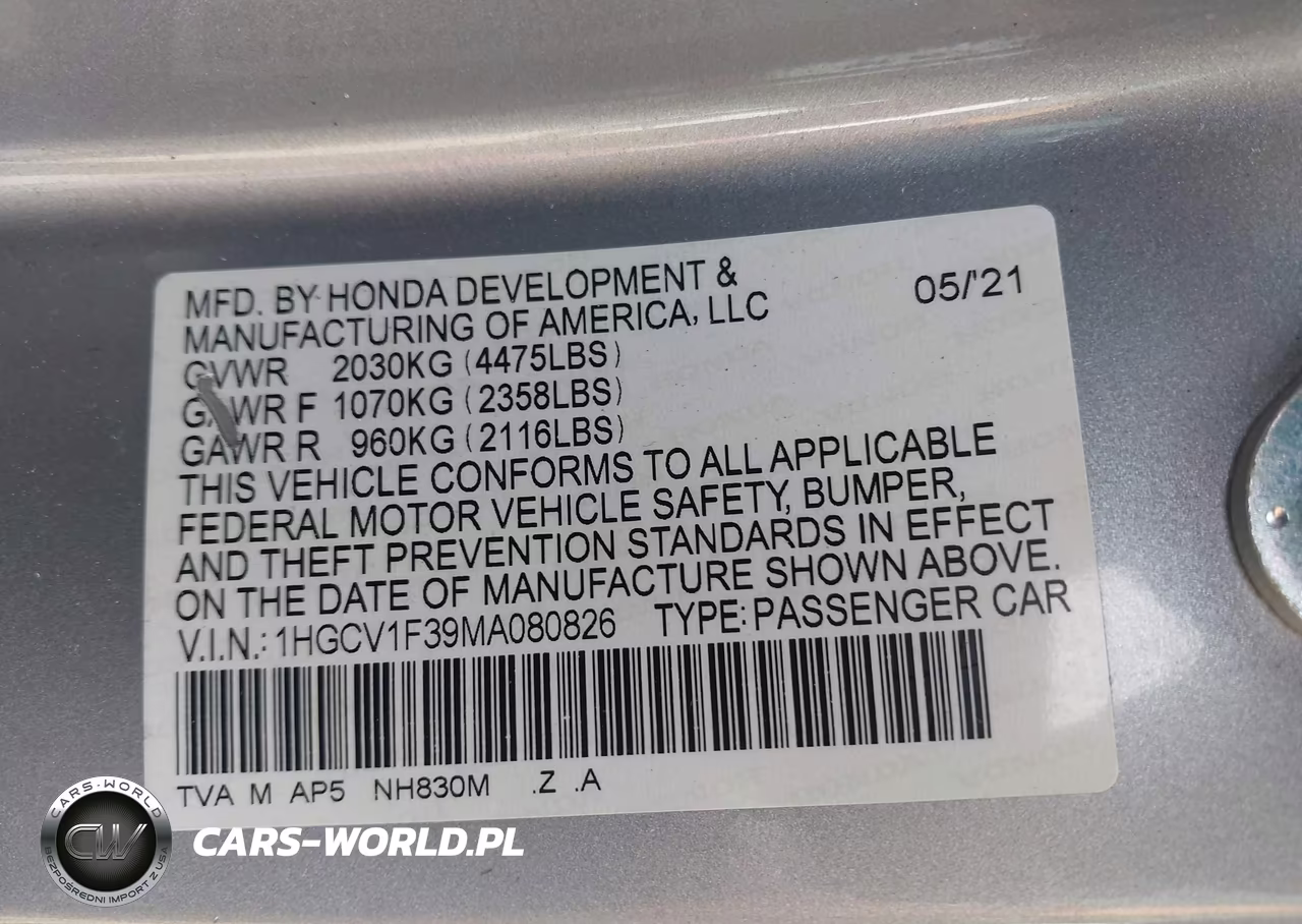 2021 Honda Accord Sport VIN:1HGCV1F39MA080826 - 9