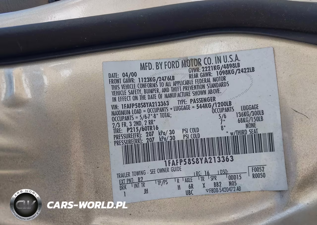 2000 Ford Taurus Se VIN:1FAFP58S8YA213363 - 9