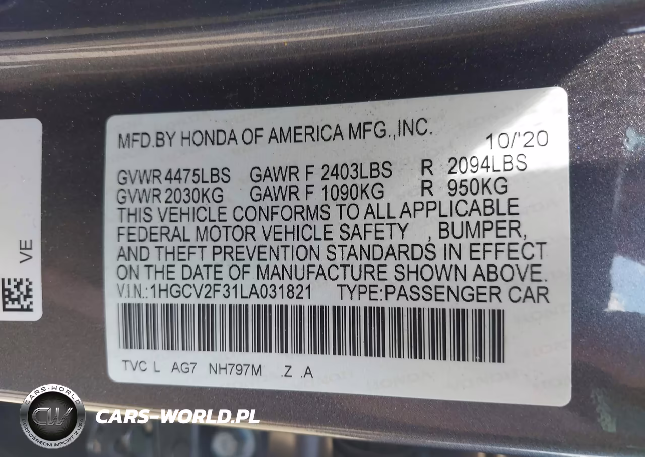 2020 Honda Accord Sport 2.0T VIN:1HGCV2F31LA031821 - 9