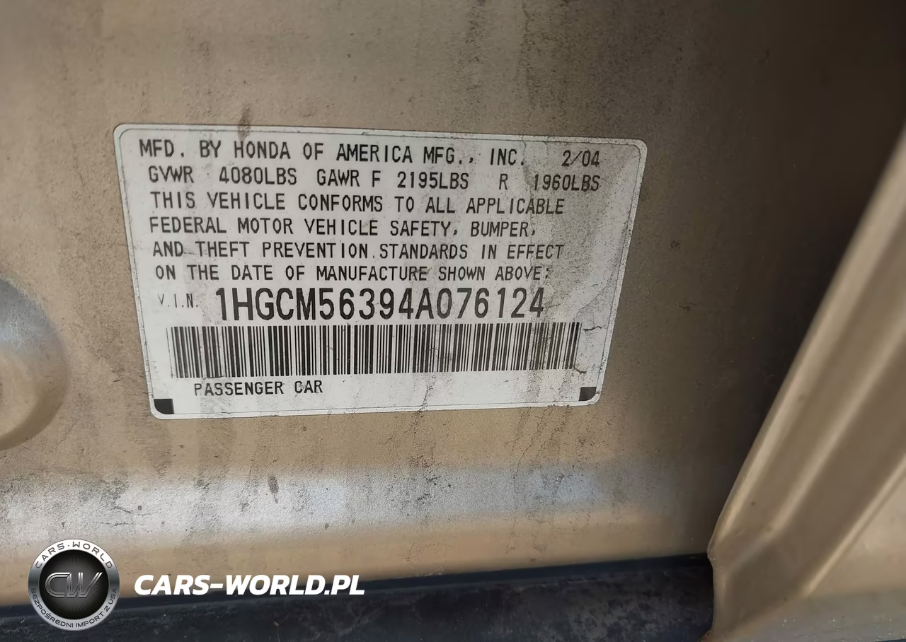 2004 Honda Accord 2.4 Lx VIN:1HGCM56394A076124 - 9