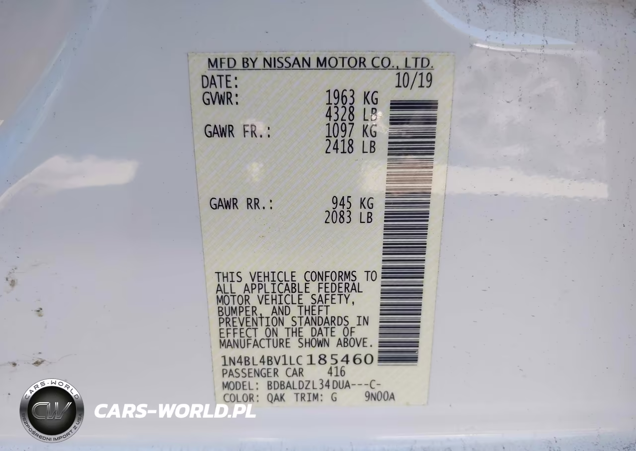 2020 Nissan Altima S Fwd VIN:1N4BL4BV1LC185460 - 9