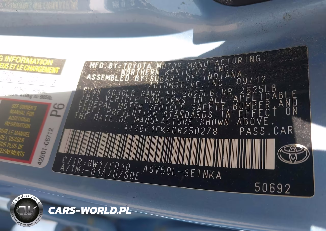 2012 Toyota Camry Le VIN:4T4BF1FK4CR250278 - 9
