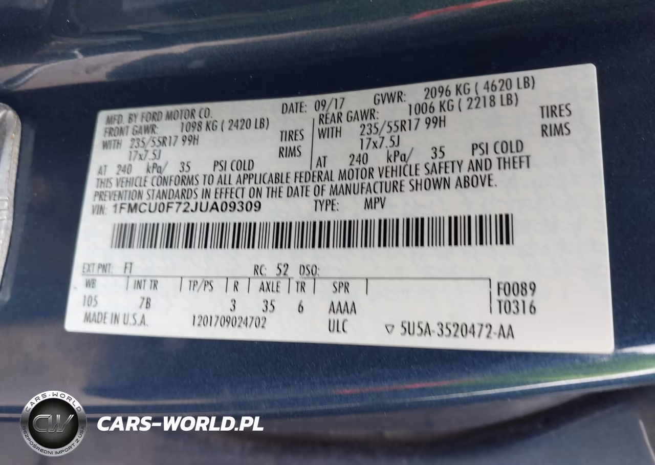 2018 Ford Escape S VIN:1FMCU0F72JUA09309 - 9