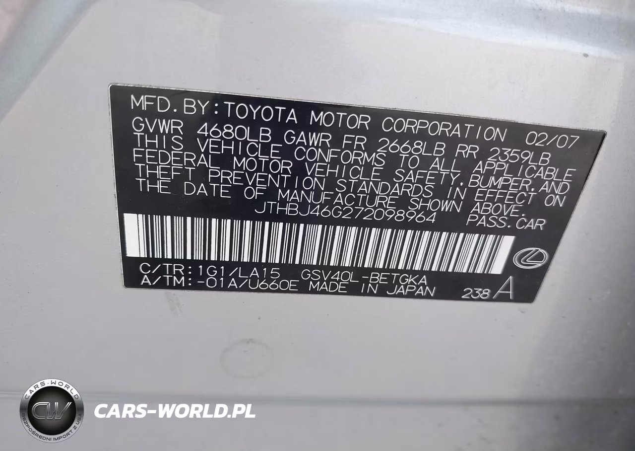 2007 Lexus Es 350 VIN:JTHBJ46G272098964 - 9