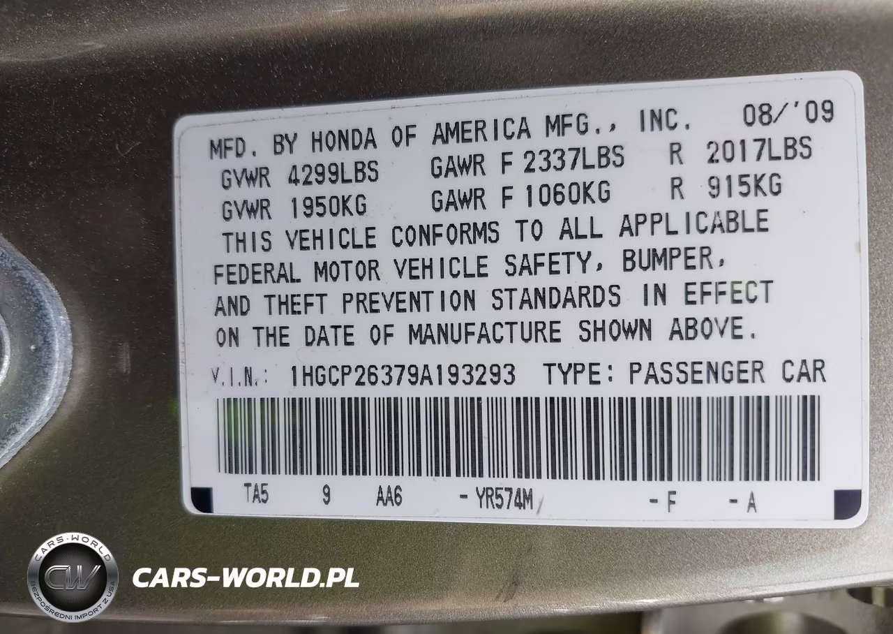 2009 Honda Accord 2.4 Lx VIN:1HGCP26379A193293 - 9
