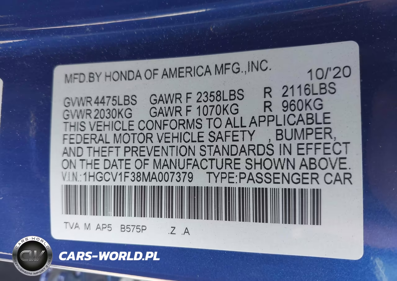 2021 Honda Accord Sport VIN:1HGCV1F38MA007379 - 9