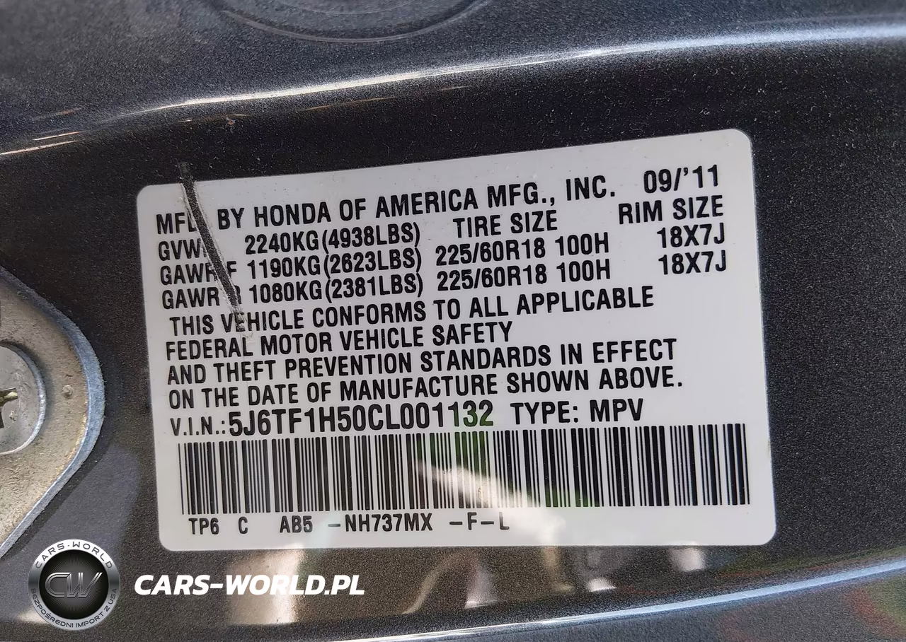 2012 Honda Crosstour Ex-L VIN:5J6TF1H50CL001132 - 9