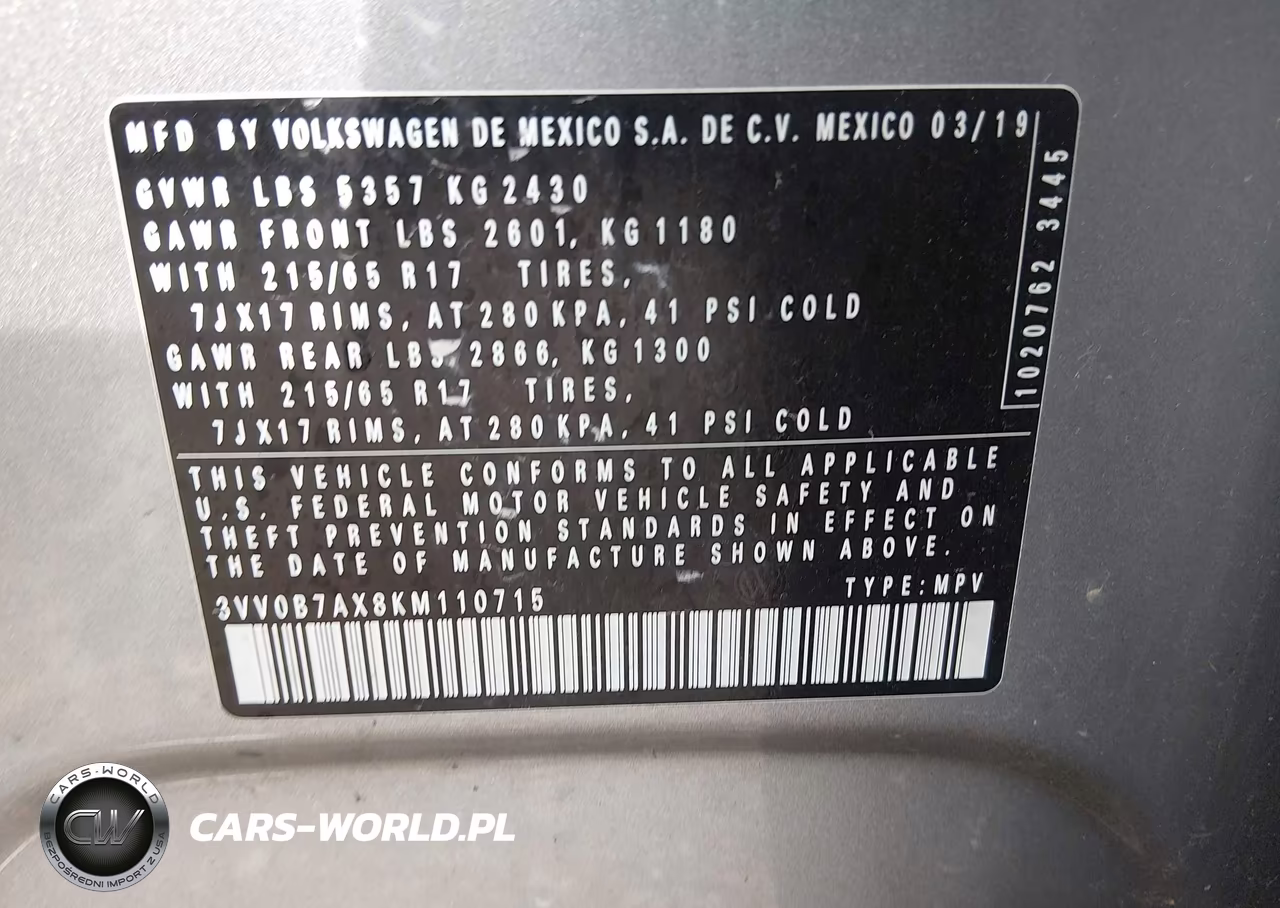 2019 Volkswagen Tiguan 2.0T S VIN:3VV0B7AX8KM110715 - 9