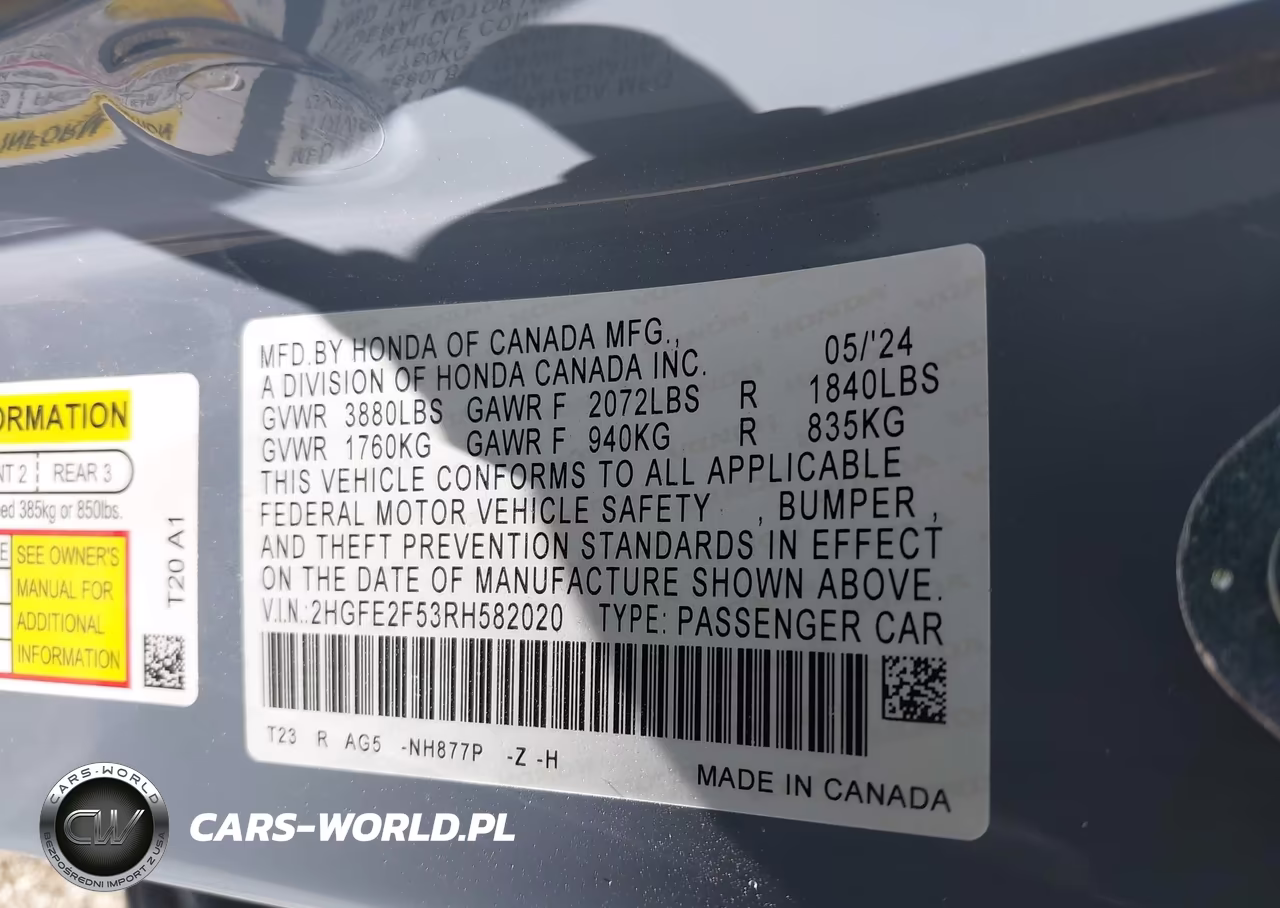 2024 Honda Civic Sport VIN:2HGFE2F53RH582020 - 9