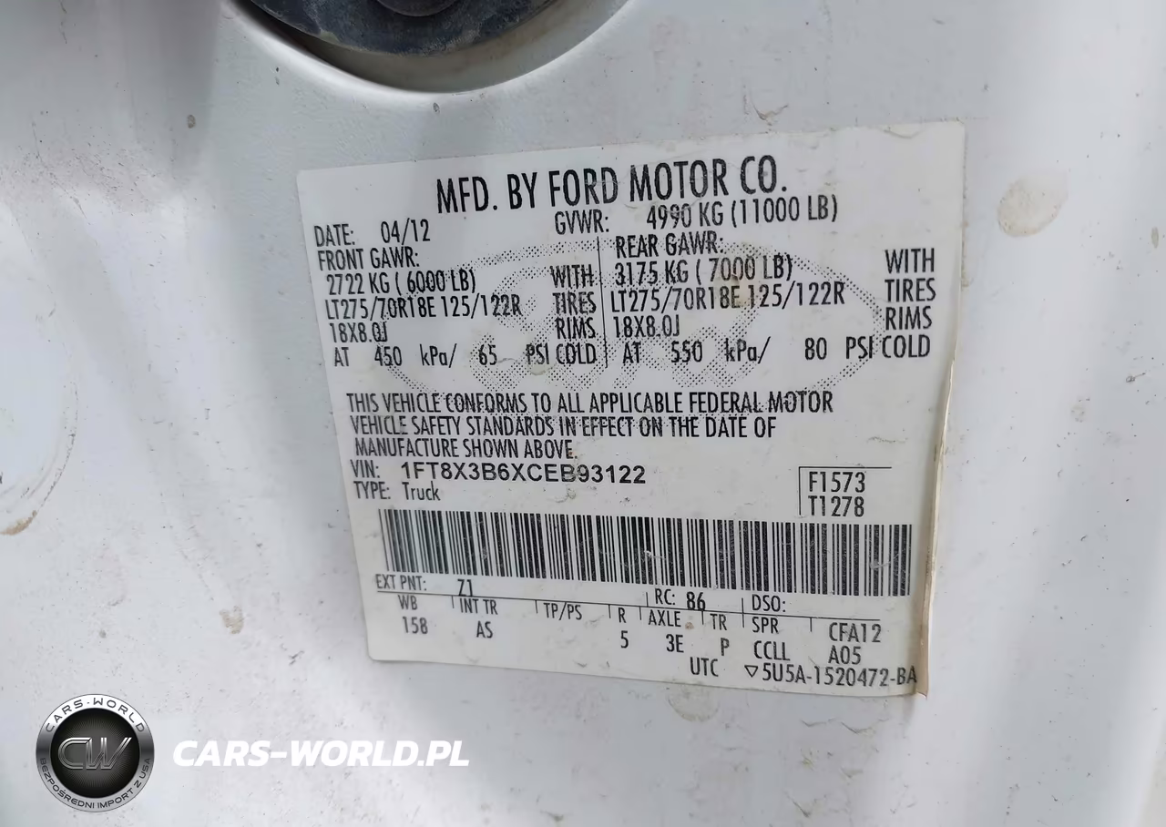 2012 Ford Super Duty F-350 Srw Xl VIN:1FT8X3B6XCEB93122 - 8